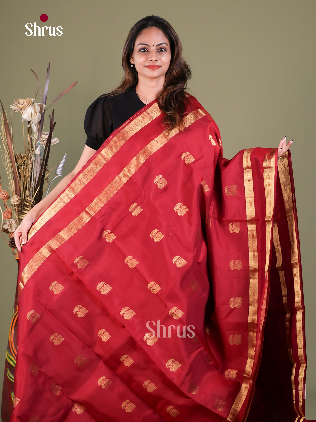 Maroon Kanchipuram Silk Saree with Floral Buttas — EFS27258 - Shop on Shrus.com