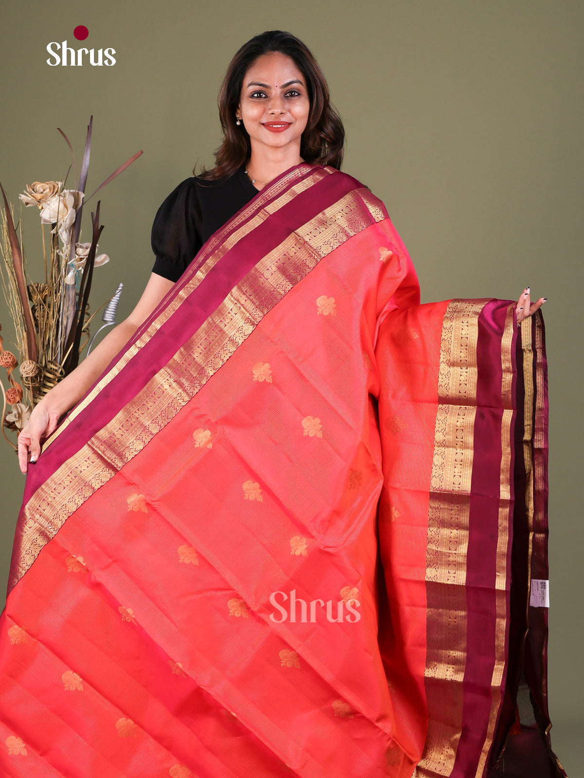 Orange Kanchipuram Silk Saree with Stripes with Buttas and Floral Buttas | Wine Contrast Border