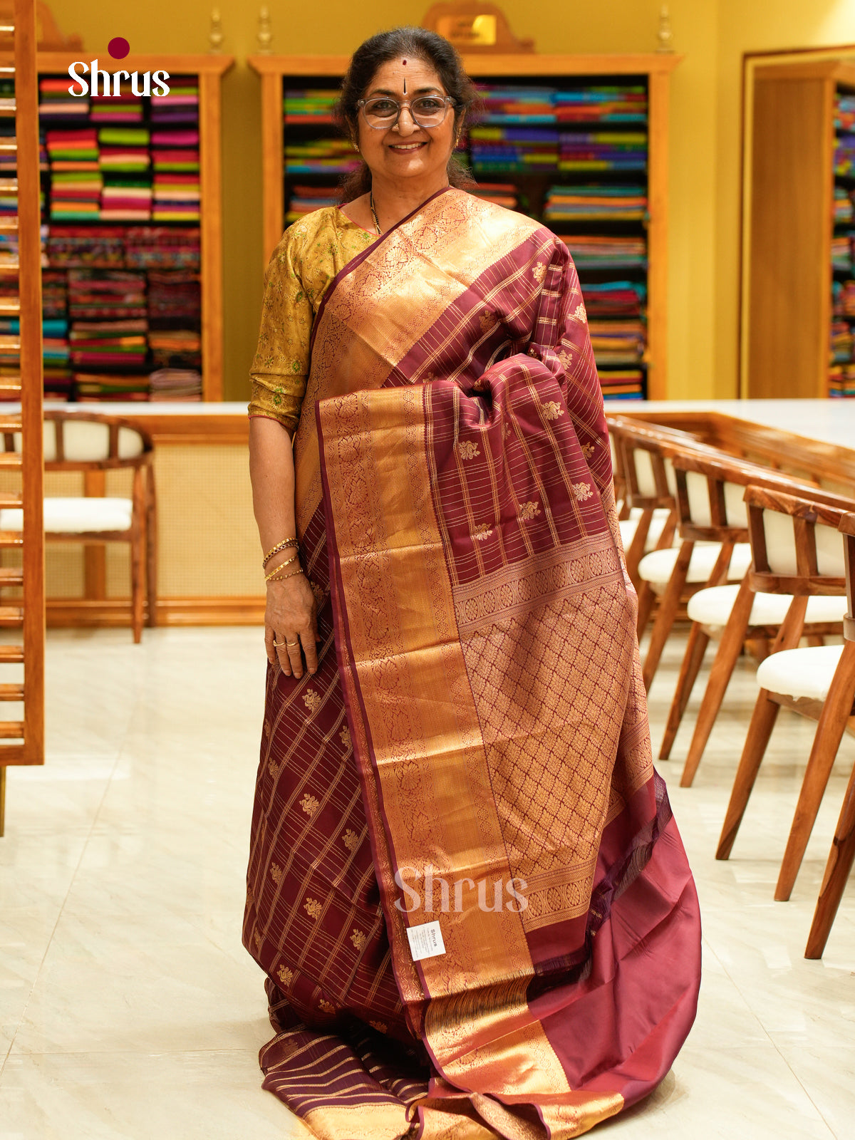 Maroon Kanchipuram Silk Saree with Checks - Shop on Shrus.com