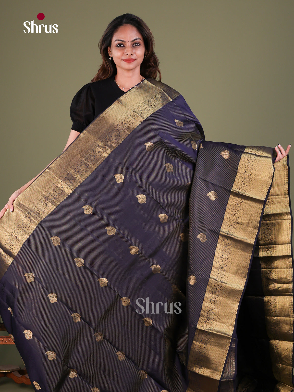 Navy Blue Kanchipuram Silk Saree with Stripes with Buttas and Floral Buttas - Shop on Shrus.com