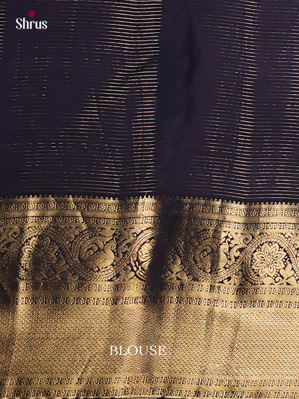 Navy Blue Kanchipuram Silk Saree with Stripes with Buttas and Floral Buttas - Shop on Shrus.com