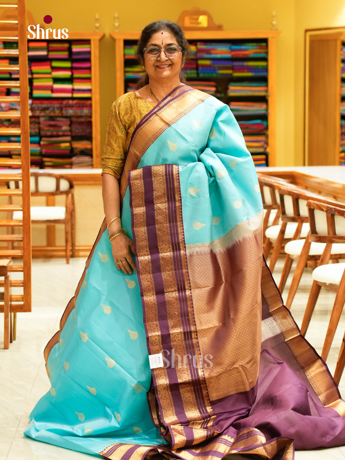 Blue Kanchipuram Silk Saree with Floral Buttas | Wine Contrast Border - Shop on Shrus.com