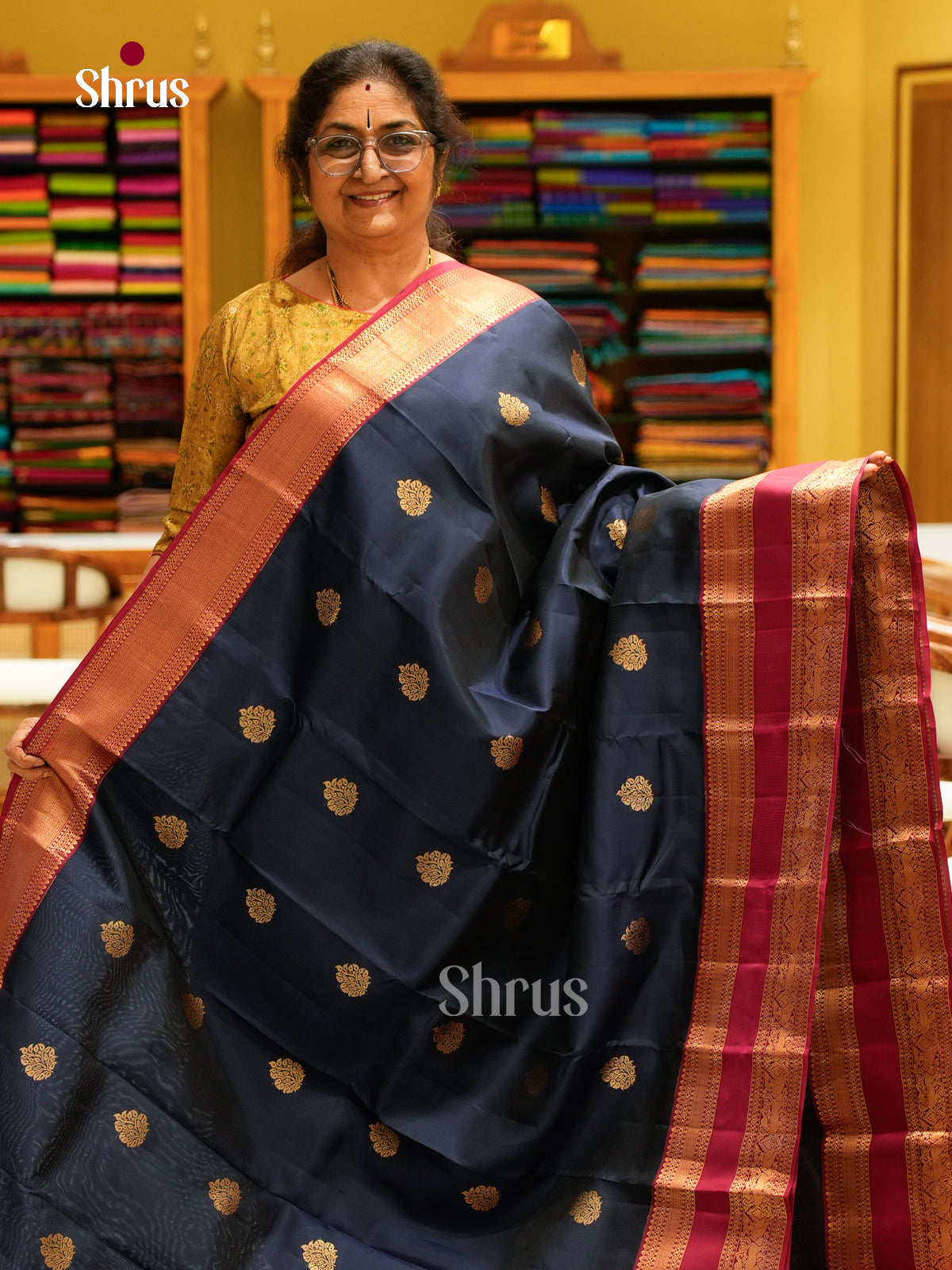 Navy Blue Kanchipuram Silk Saree with Floral Buttas | Maroon Contrast Border - Shop on Shrus.com