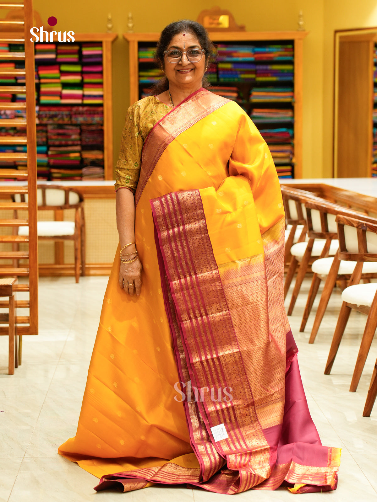 Yellow Kanchipuram Silk Saree with Peacock Buttas | Maroon Contrast Border