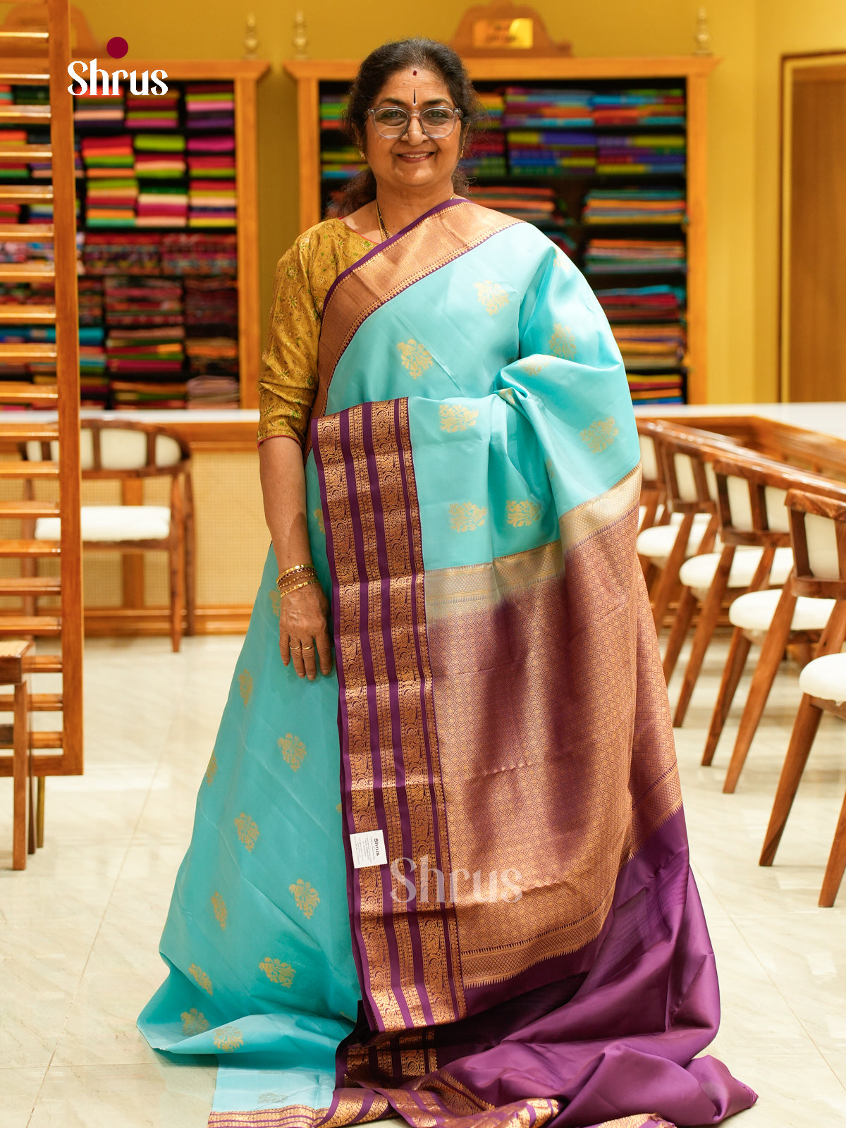Blue Kanchipuram Silk Saree with Floral Buttas | Wine Contrast Border — EFS27291 - Shop on Shrus.com