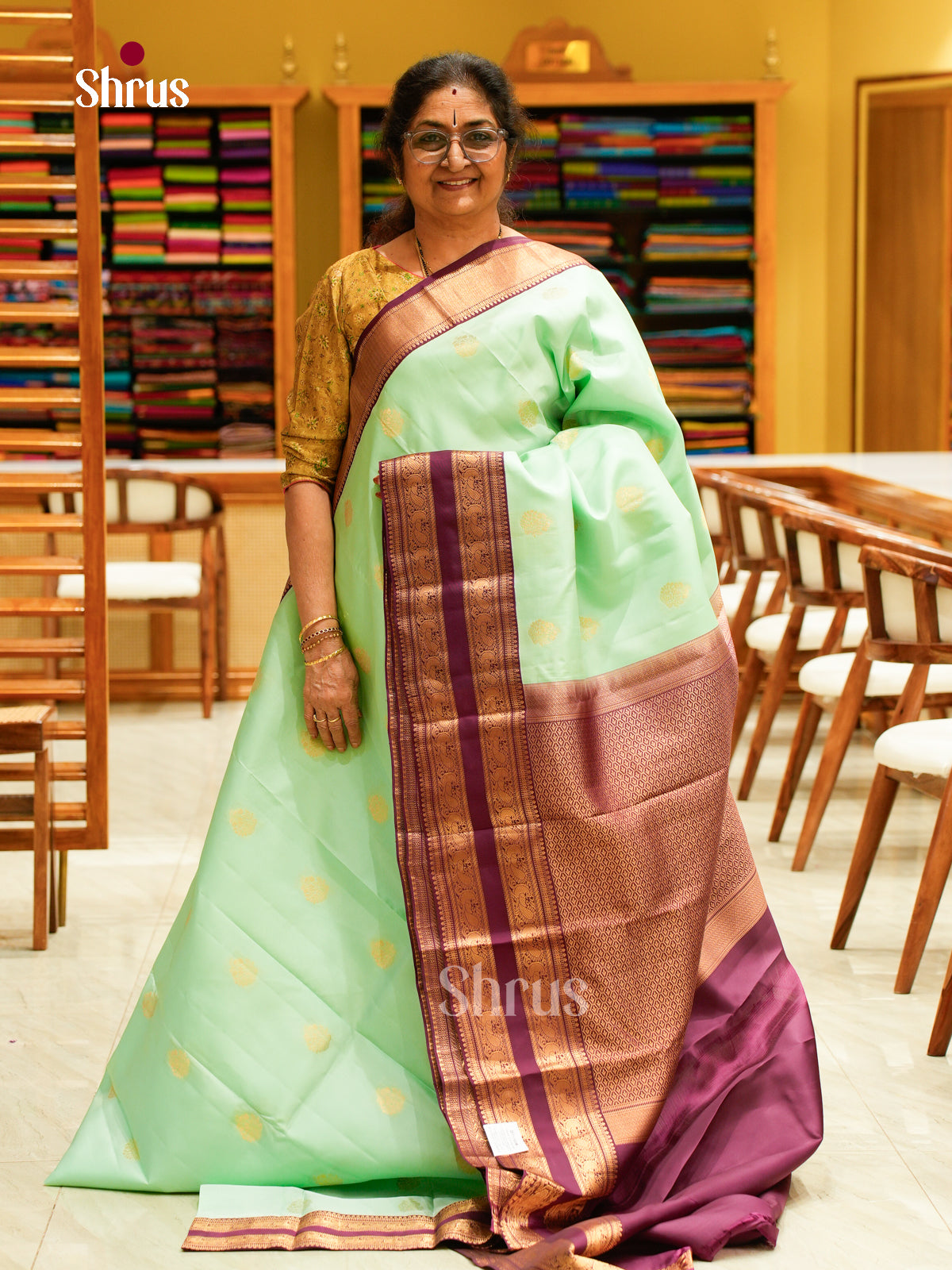 Sea Green Kanchipuram Silk Saree with Floral Buttas | Wine Contrast Border - Shop on Shrus.com
