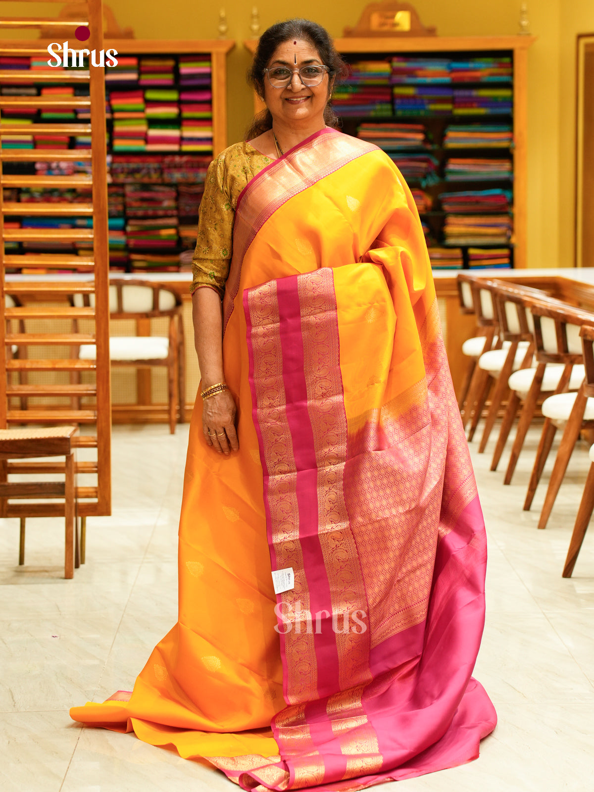 Yellow Kanchipuram Silk Saree with Floral Buttas | Pink Contrast Border — EFS27303 - Shop on Shrus.com