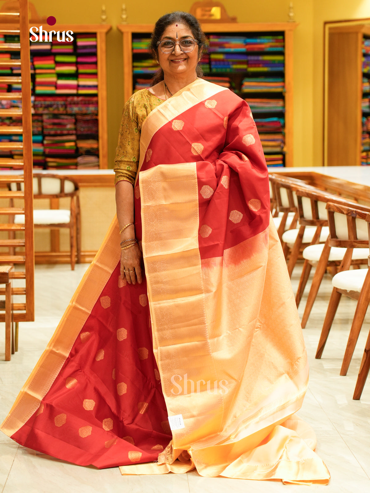 Red Kanchipuram Silk Saree with Floral Buttas | Cream Contrast Border