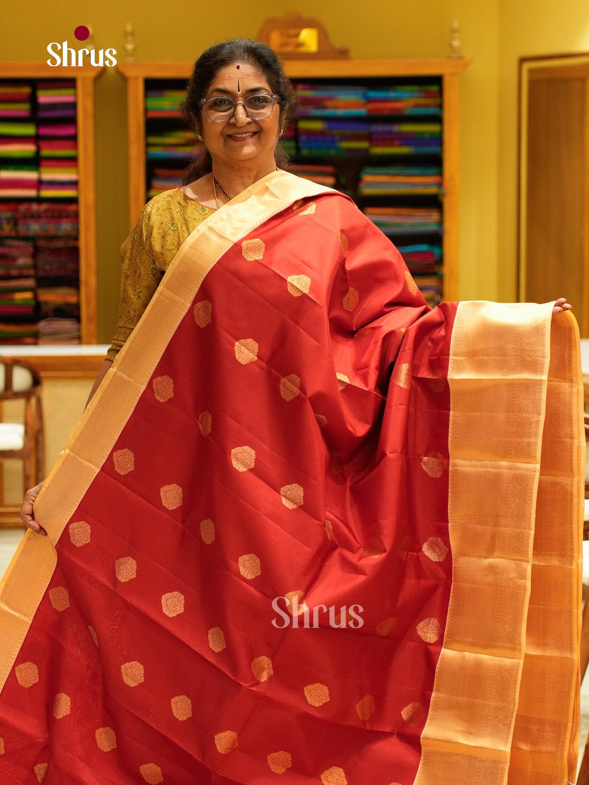 Red Kanchipuram Silk Saree with Floral Buttas | Cream Contrast Border