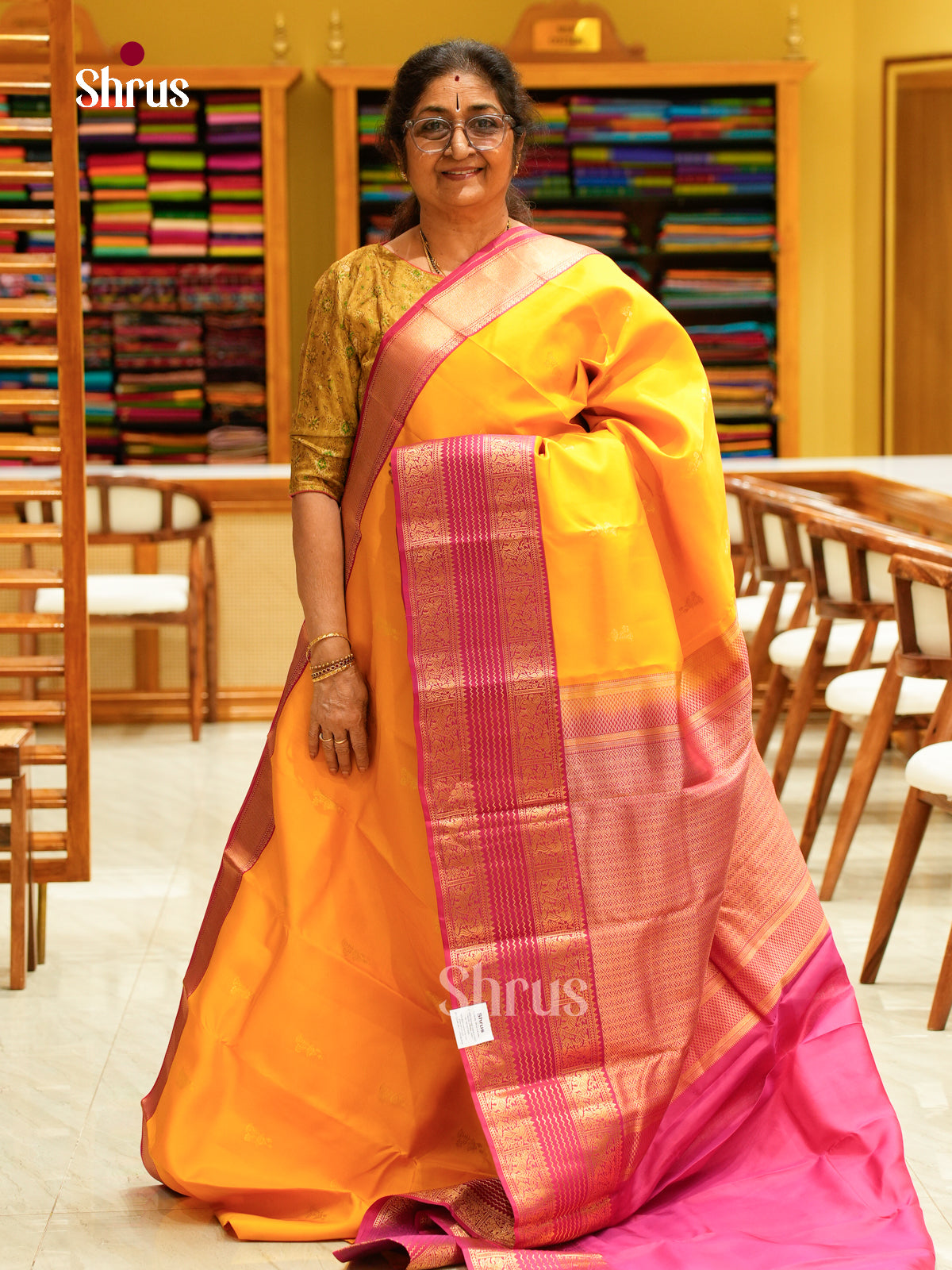 Yellow Kanchipuram Silk Saree with Floral Buttas | Pink Contrast Border — EFS27305 - Shop on Shrus.com