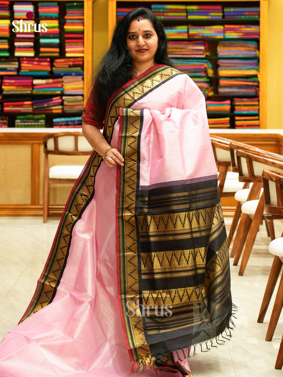 Baby Pink Silk Cotton Saree | Black Korvai Small Border