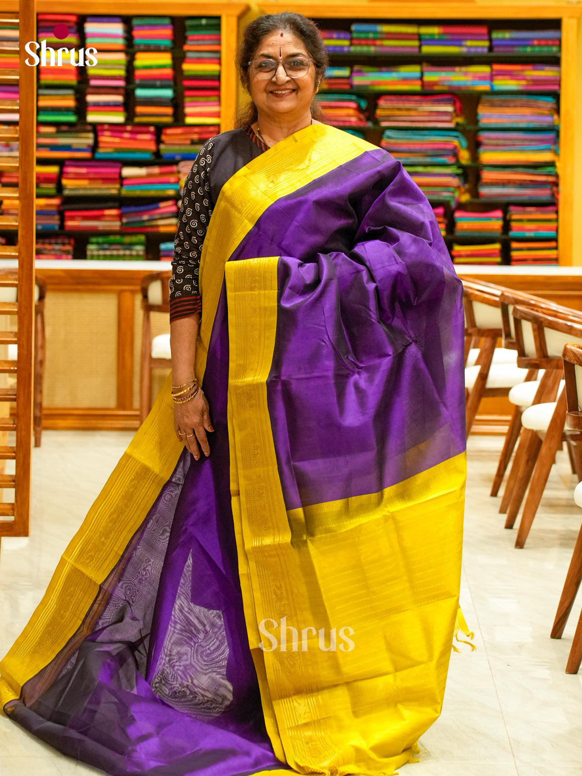 Violet Silk Cotton Saree | Yellow Korvai Small Border - Shop on Shrus.com