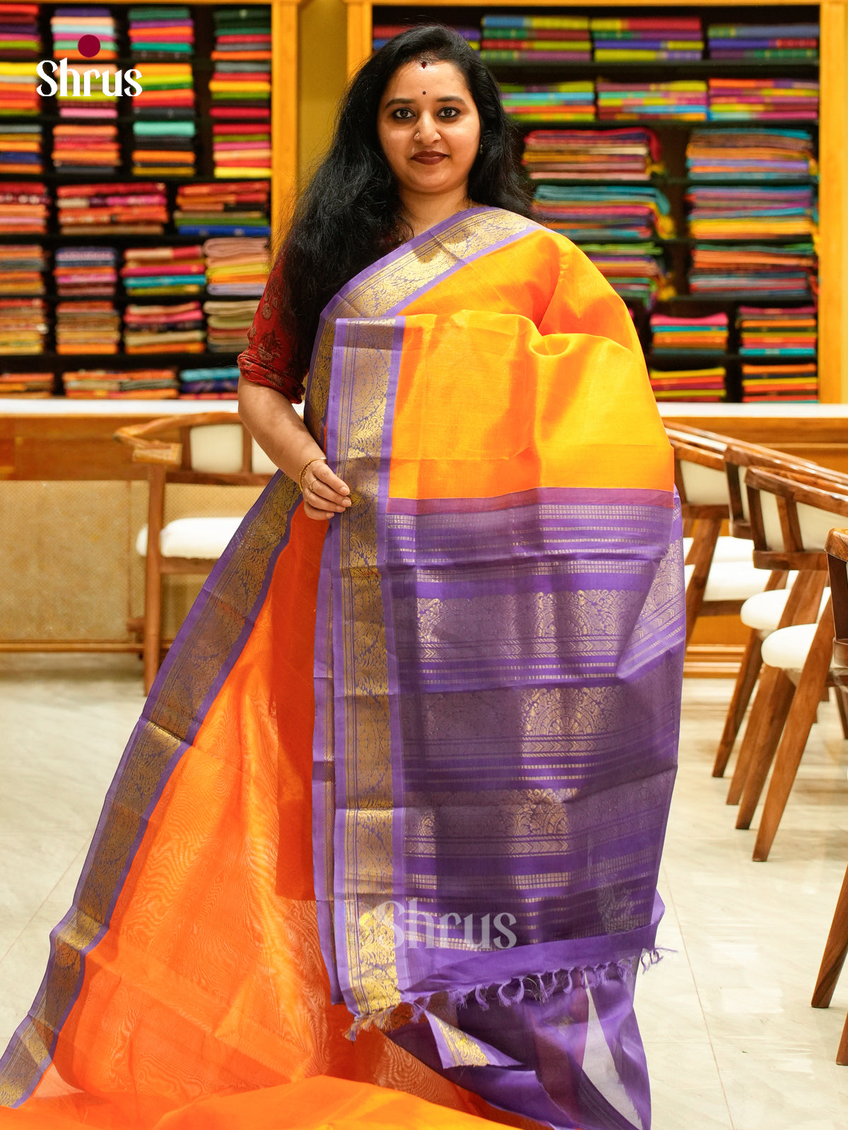 Orange Silk Cotton Saree | Violet Korvai Small Border