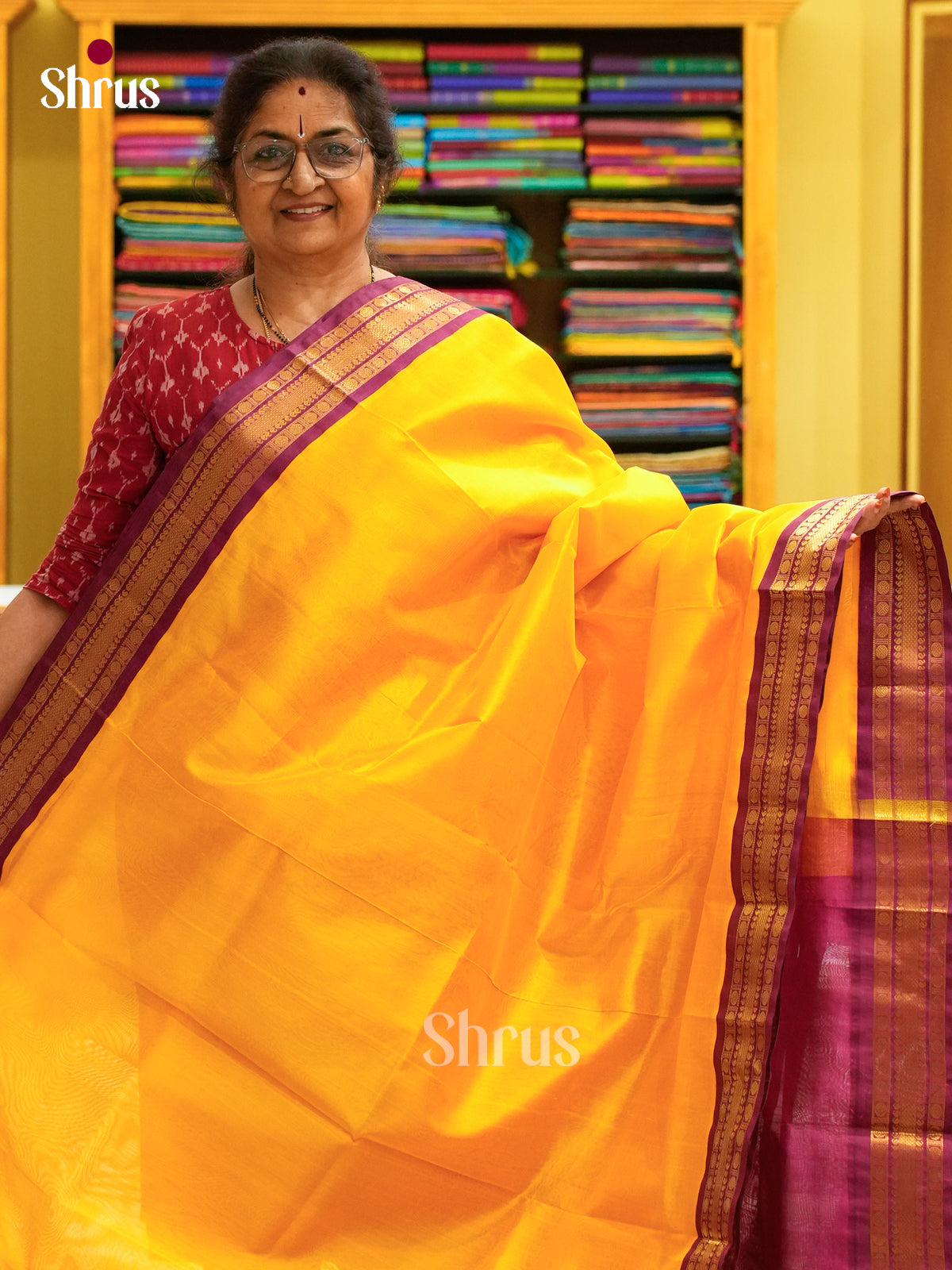 Mango Yellow Silk Cotton Saree | Maroon Contrast Border