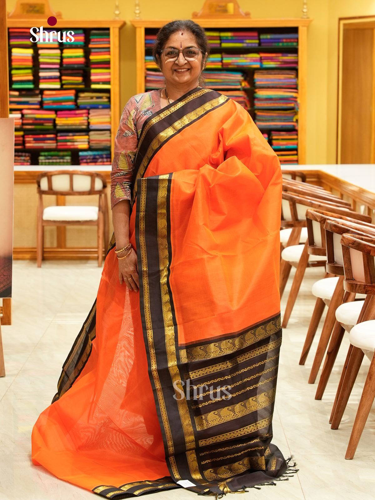 Dark Orange Silk Cotton Saree | Black Contrast Border