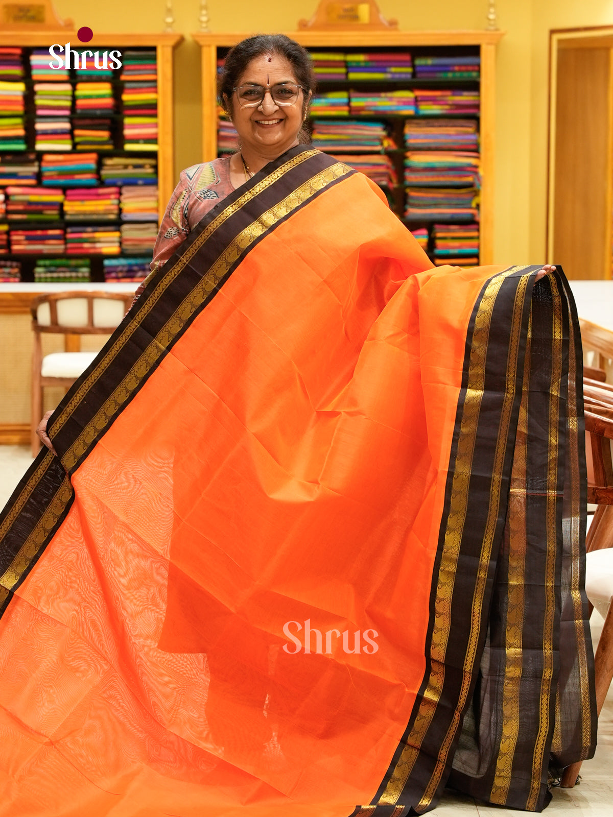 Dark Orange Silk Cotton Saree | Black Contrast Border