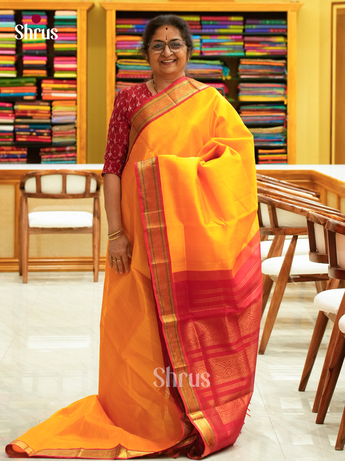 Mango Yellow Silk Cotton Saree | Red Contrast Border — Contrast Zari Border