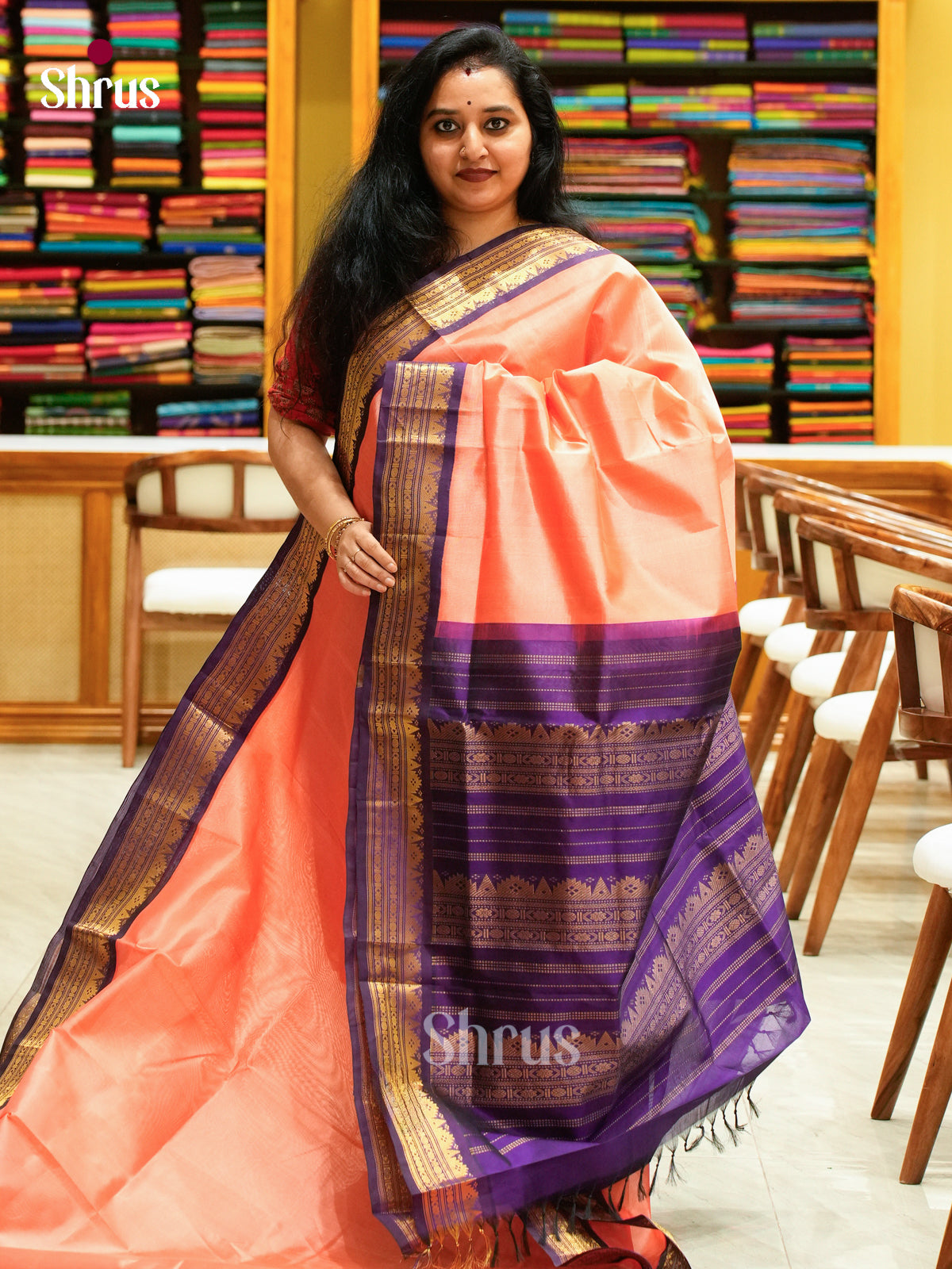 Coral Silk Cotton Saree | Magenta Contrast Border