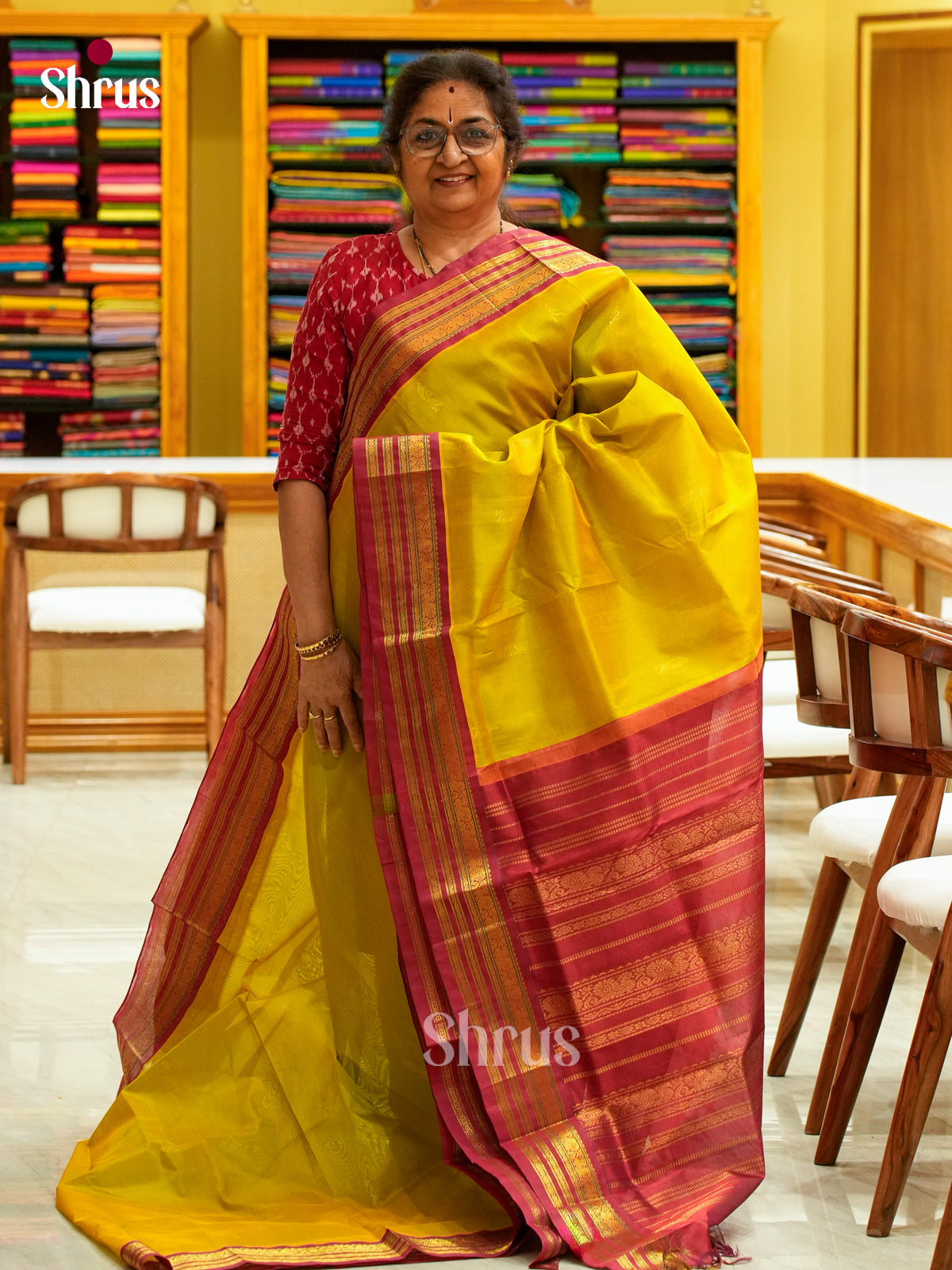 Olive Green Silk Cotton Saree with Parrot Buttas | Maroon Contrast Border
