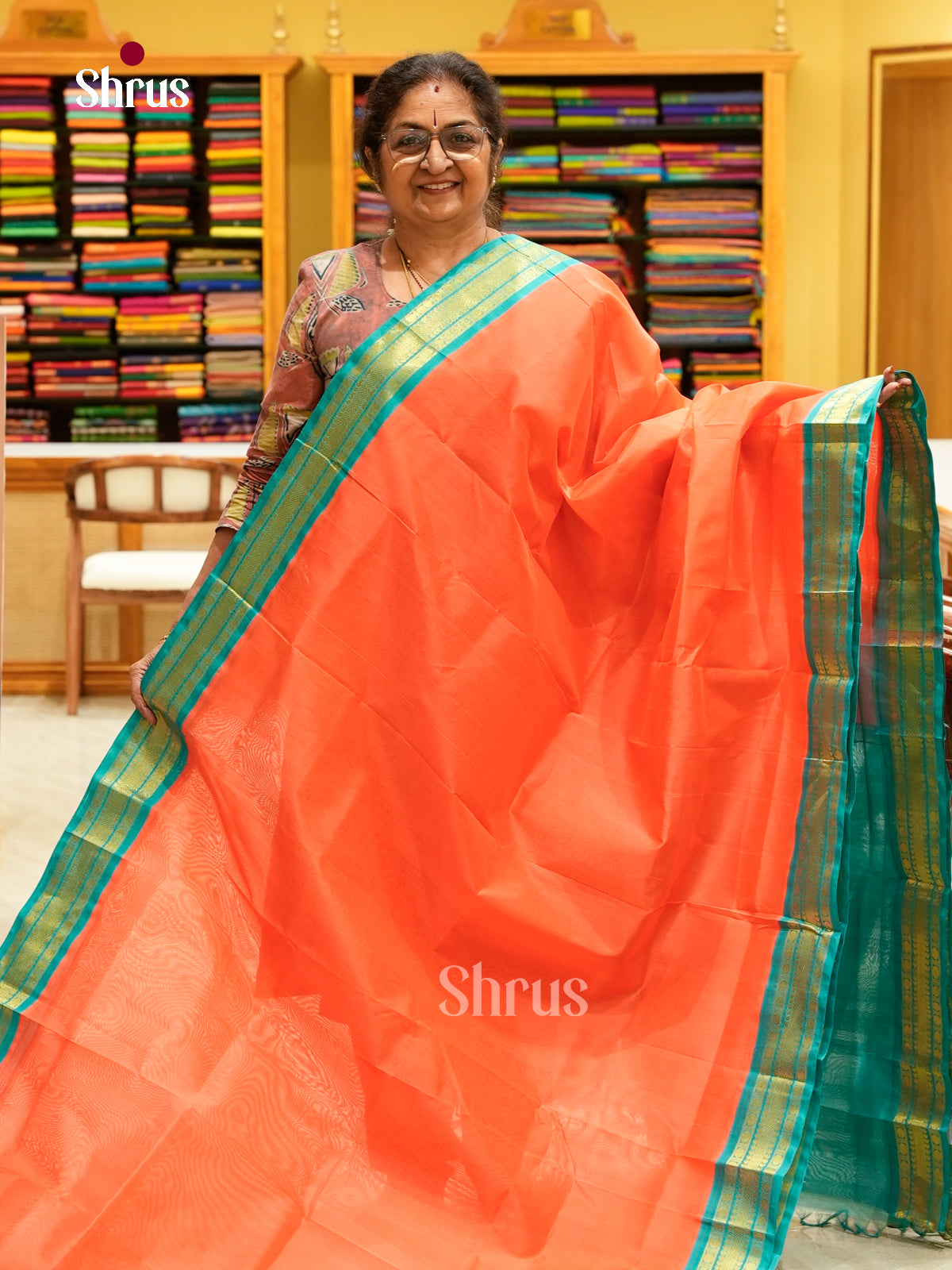 Salmon Pink Silk Cotton Saree | Turquoise Contrast Border