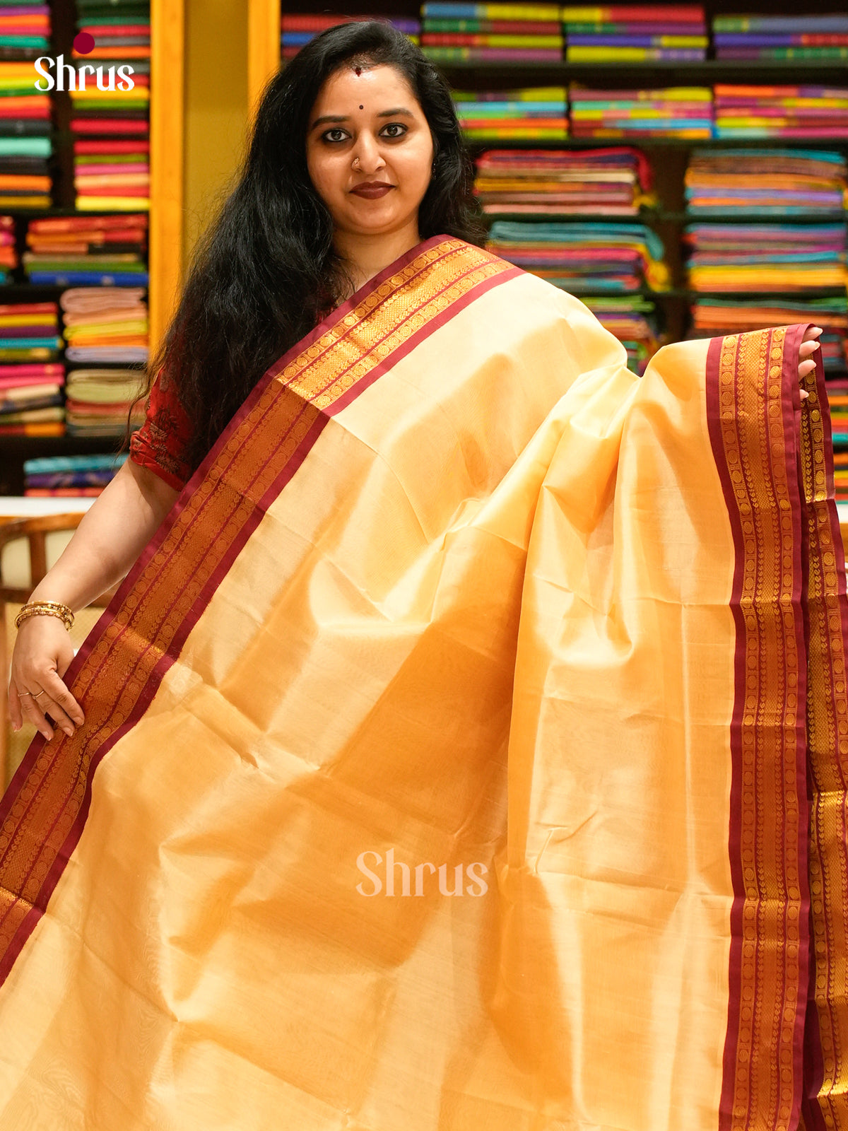 Sandal Silk Cotton Saree | Maroon Contrast Border - Shop on Shrus.com