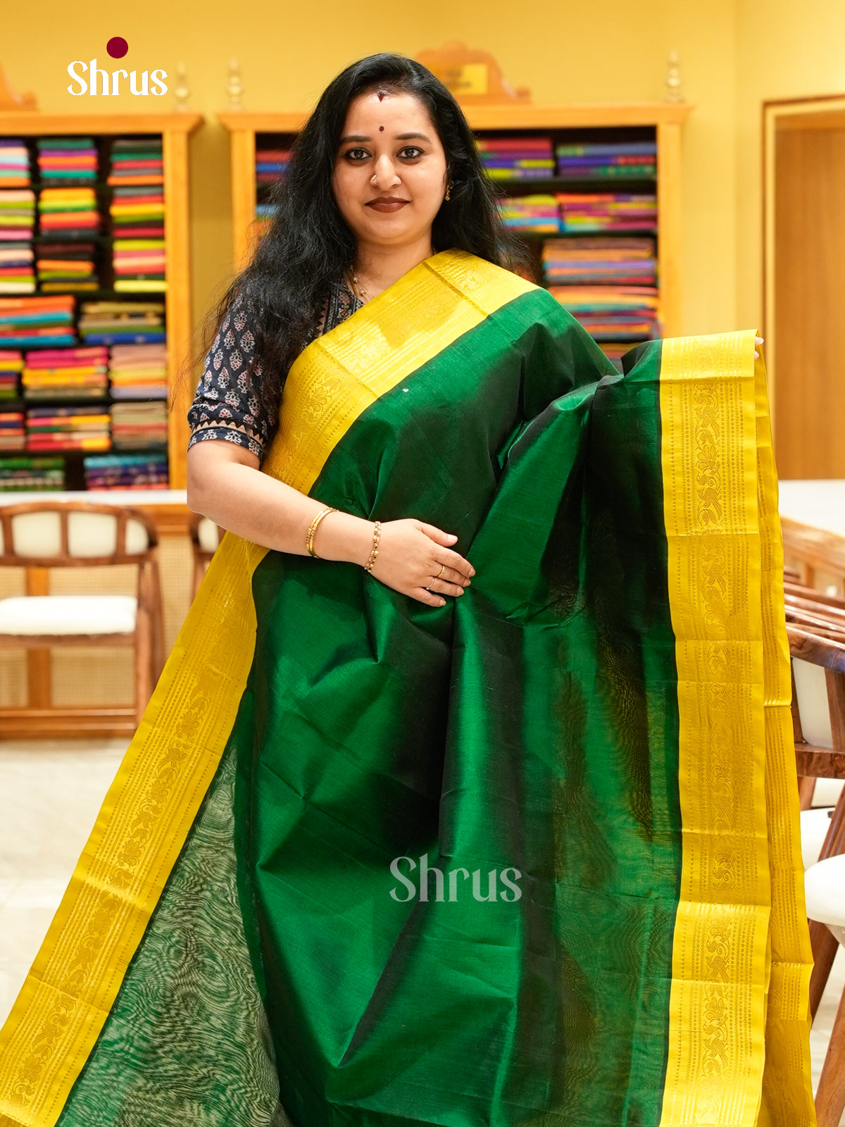 Bottle Green Silk Cotton Saree | Mustard Green Contrast Border