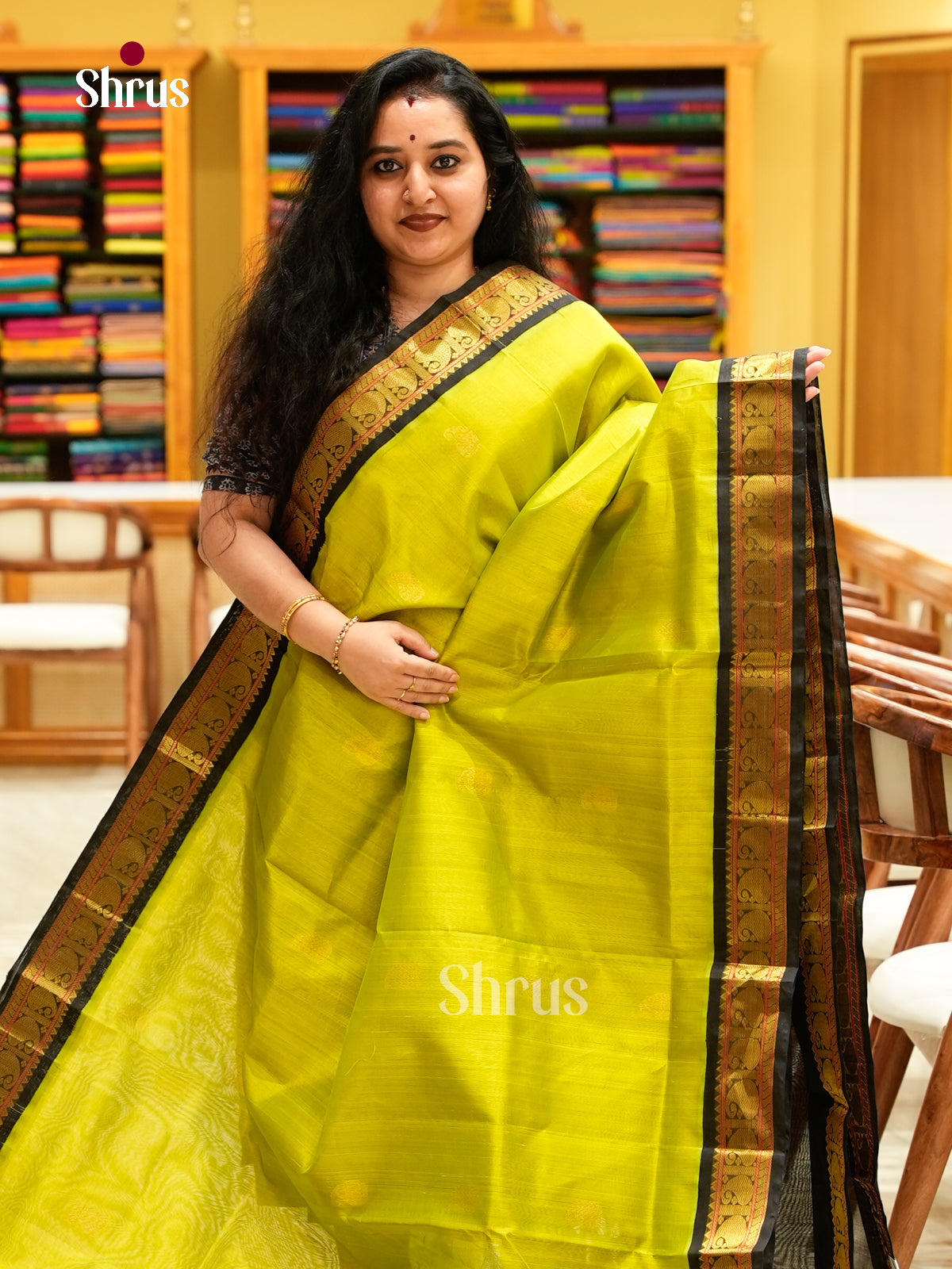 Parrot Green Silk Cotton Saree with Mango / Paisley Buttas | Black Korvai Small Border