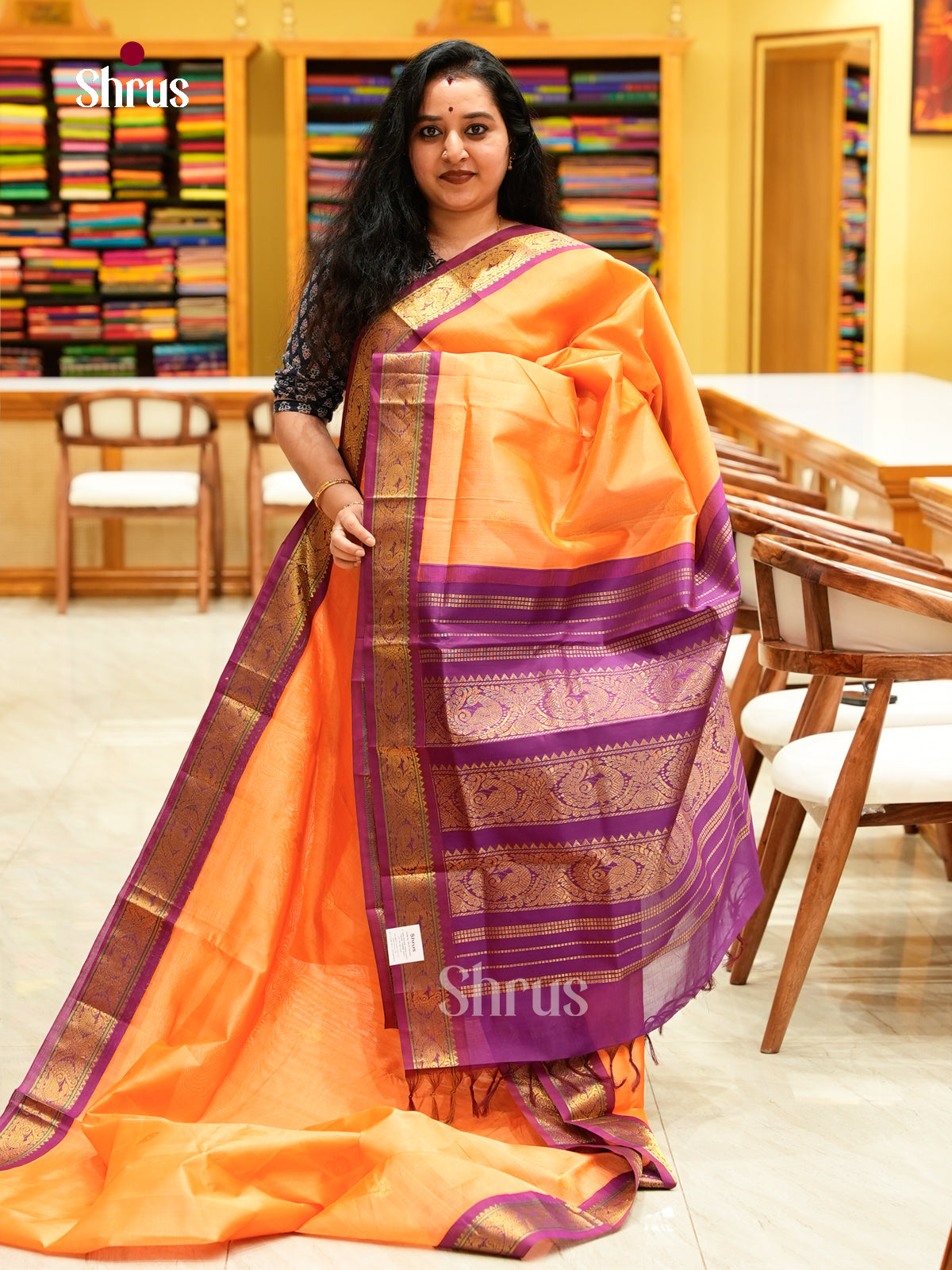 Peach Silk Cotton Saree with Peacock Buttas | Violet Korvai Small Border