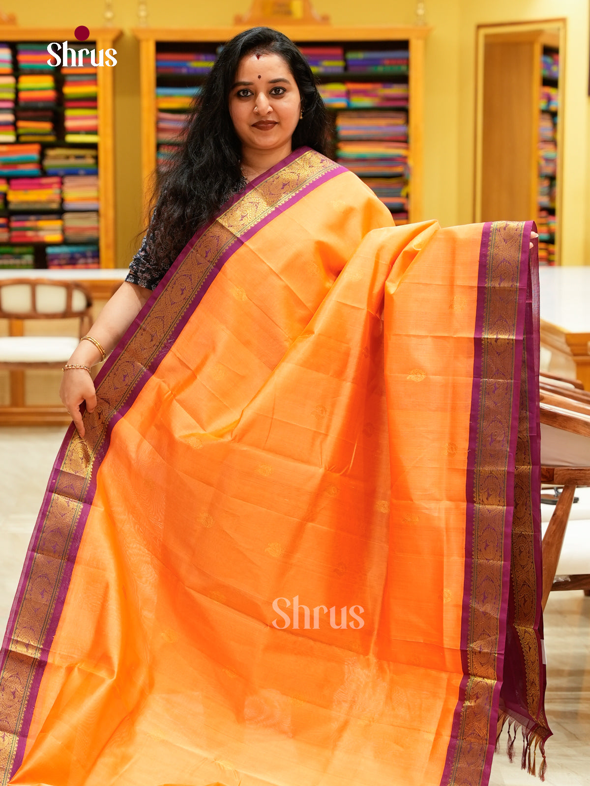Peach Silk Cotton Saree with Peacock Buttas | Violet Korvai Small Border