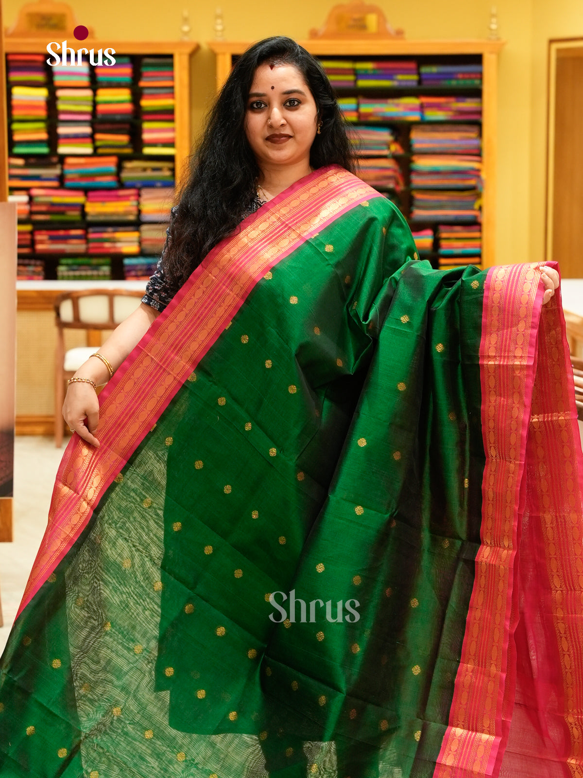 Dark Green Silk Cotton Saree with Coin Buttas | Pink Korvai Small Border