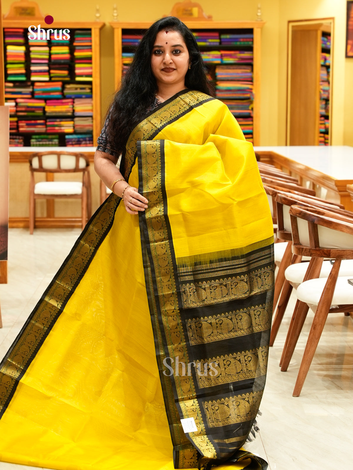 Yellow Silk Cotton Saree with Mango / Paisley Buttas | Black Korvai Border