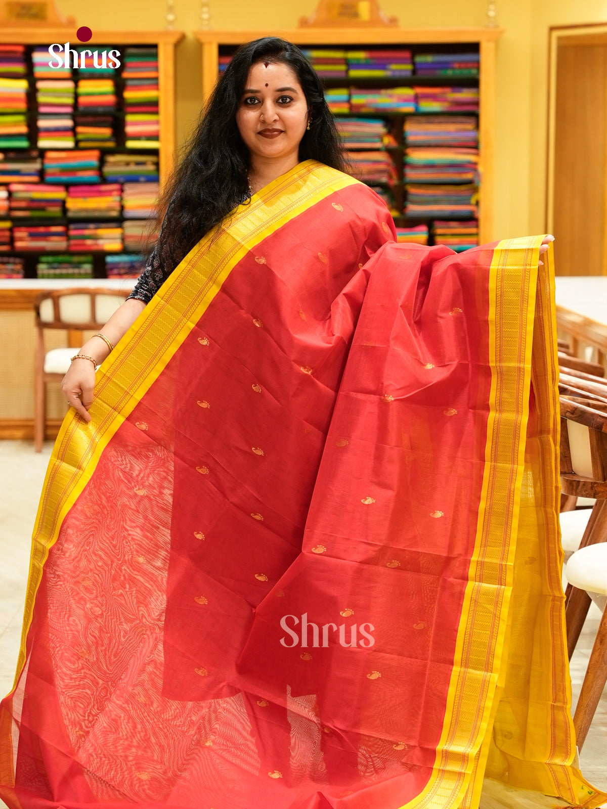 Red Silk Cotton Saree with Mango / Paisley Buttas | Mustard Korvai Small Border