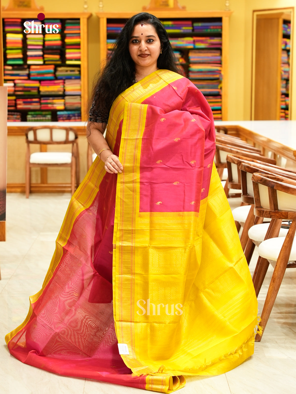 Cherry Pink Silk Cotton Saree with Mango / Paisley Buttas | Olive Korvai Small Border