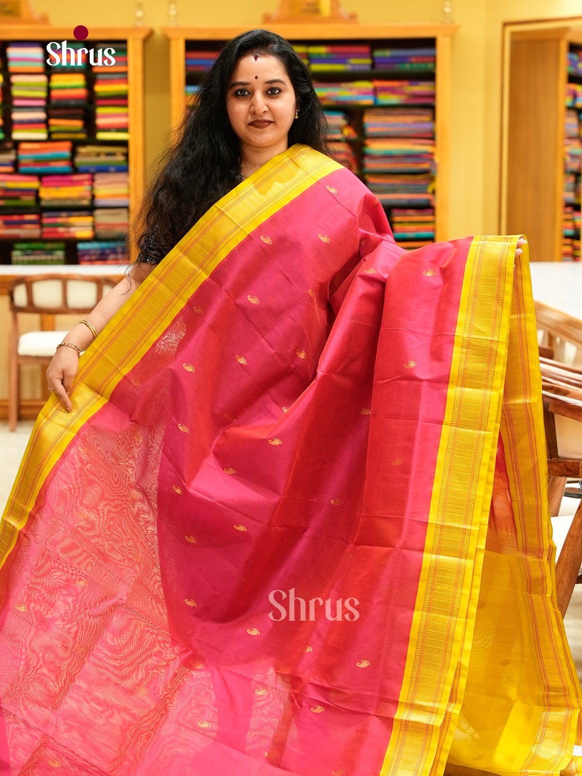 Cherry Pink Silk Cotton Saree with Mango / Paisley Buttas | Olive Korvai Small Border