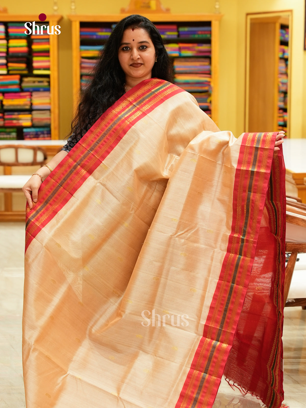Cream Silk Cotton Saree with Mango / Paisley Buttas | Red Korvai Small Border