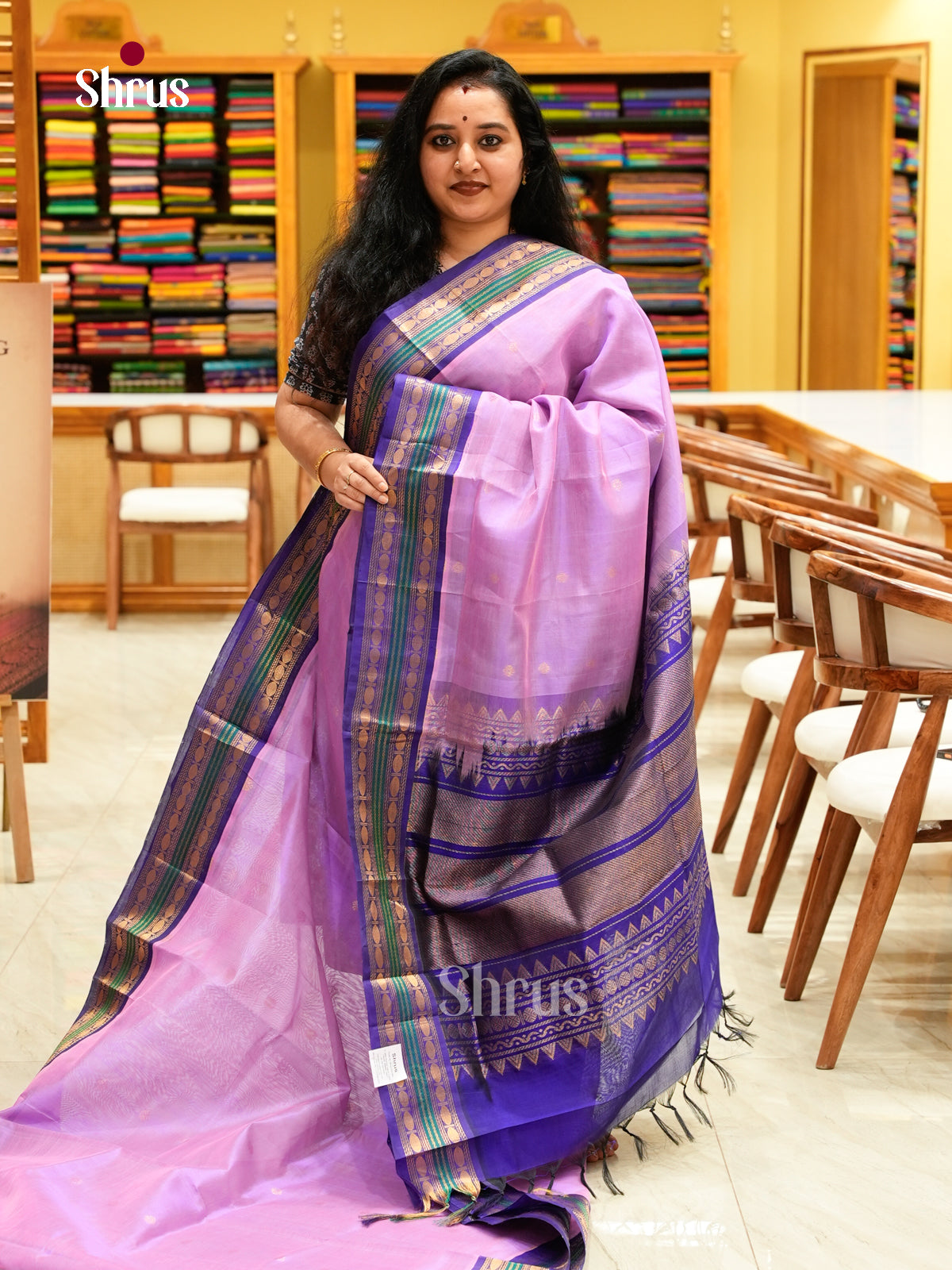Lavender Silk Cotton Saree with Coin Buttas | Dark Blue Korvai Small Border
