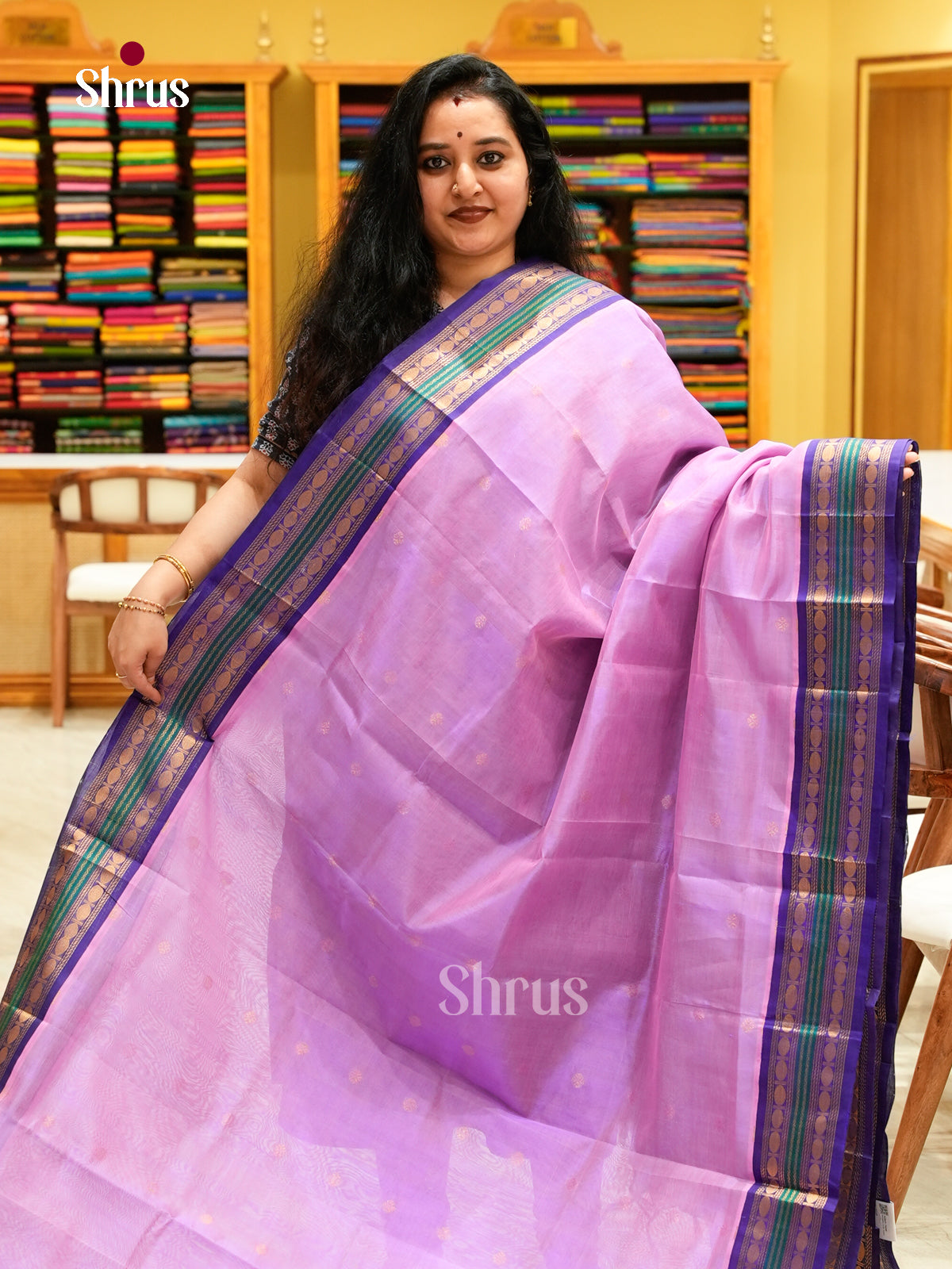 Lavender Silk Cotton Saree with Coin Buttas | Dark Blue Korvai Small Border