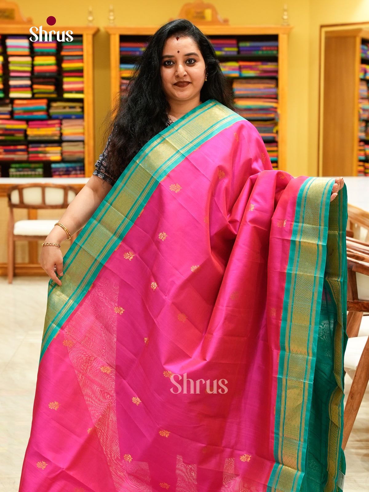 Pink Silk Cotton Saree with Floral Buttas | Teal Blue Korvai Small Border