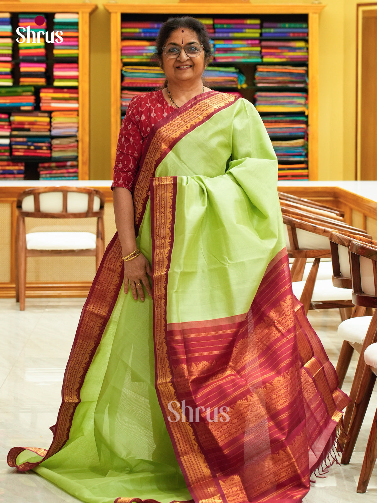Pista Green Silk Cotton Saree | Maroon Contrast Border