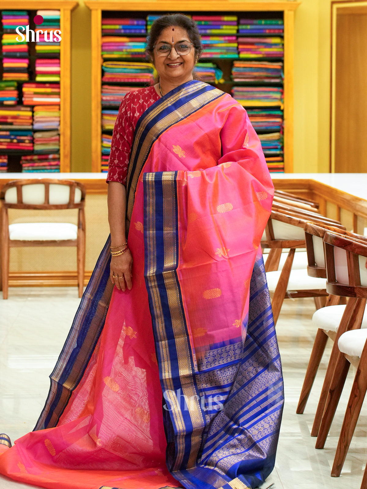 Rani Pink Silk Cotton Saree with Floral Buttas | Blue Contrast Border
