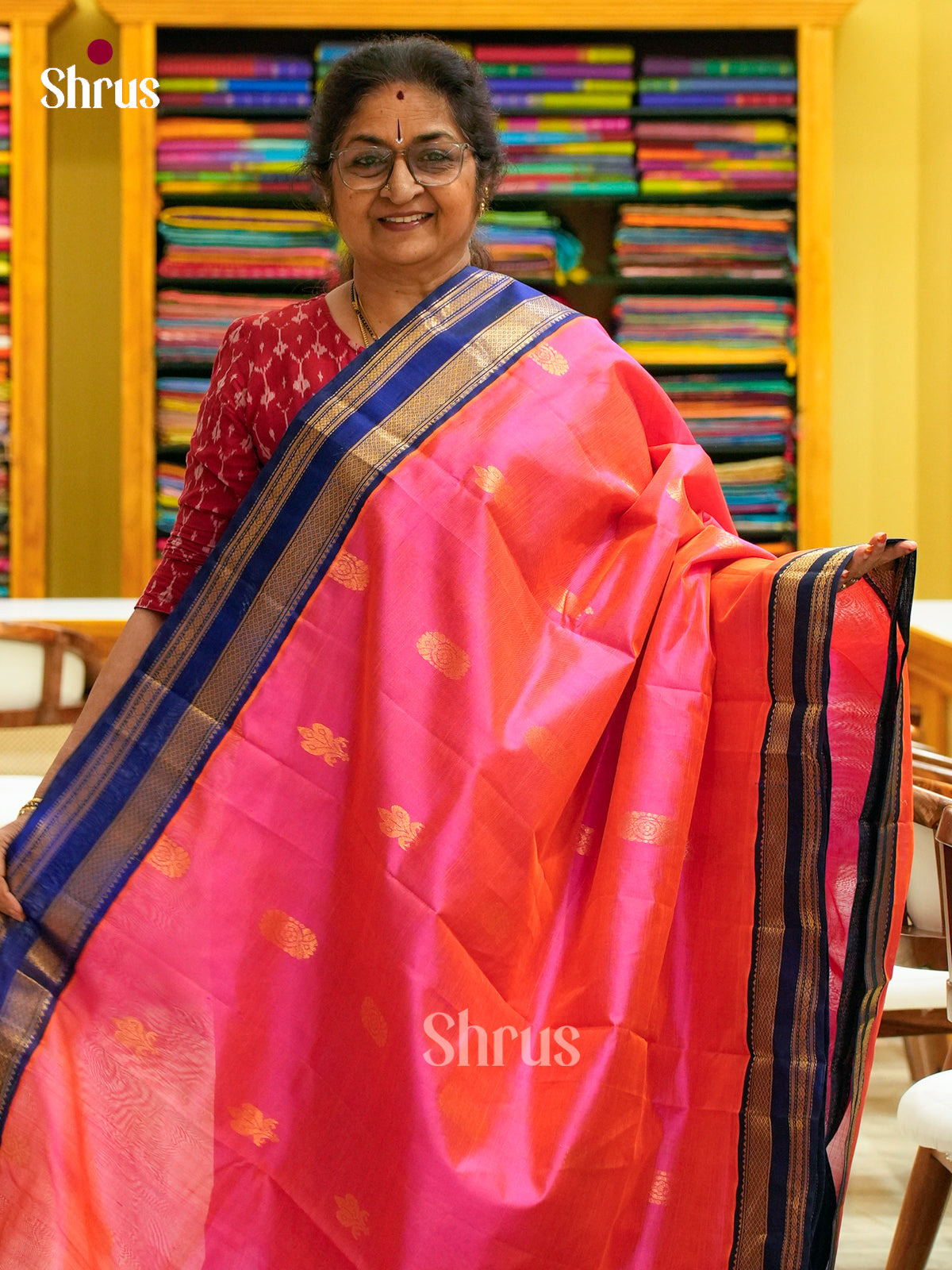 Rani Pink Silk Cotton Saree with Floral Buttas | Blue Contrast Border