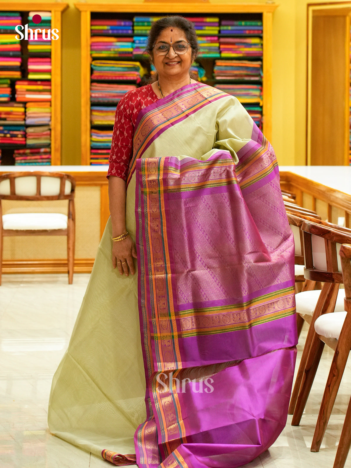Pista Green Silk Cotton Saree | Magenta Contrast Border