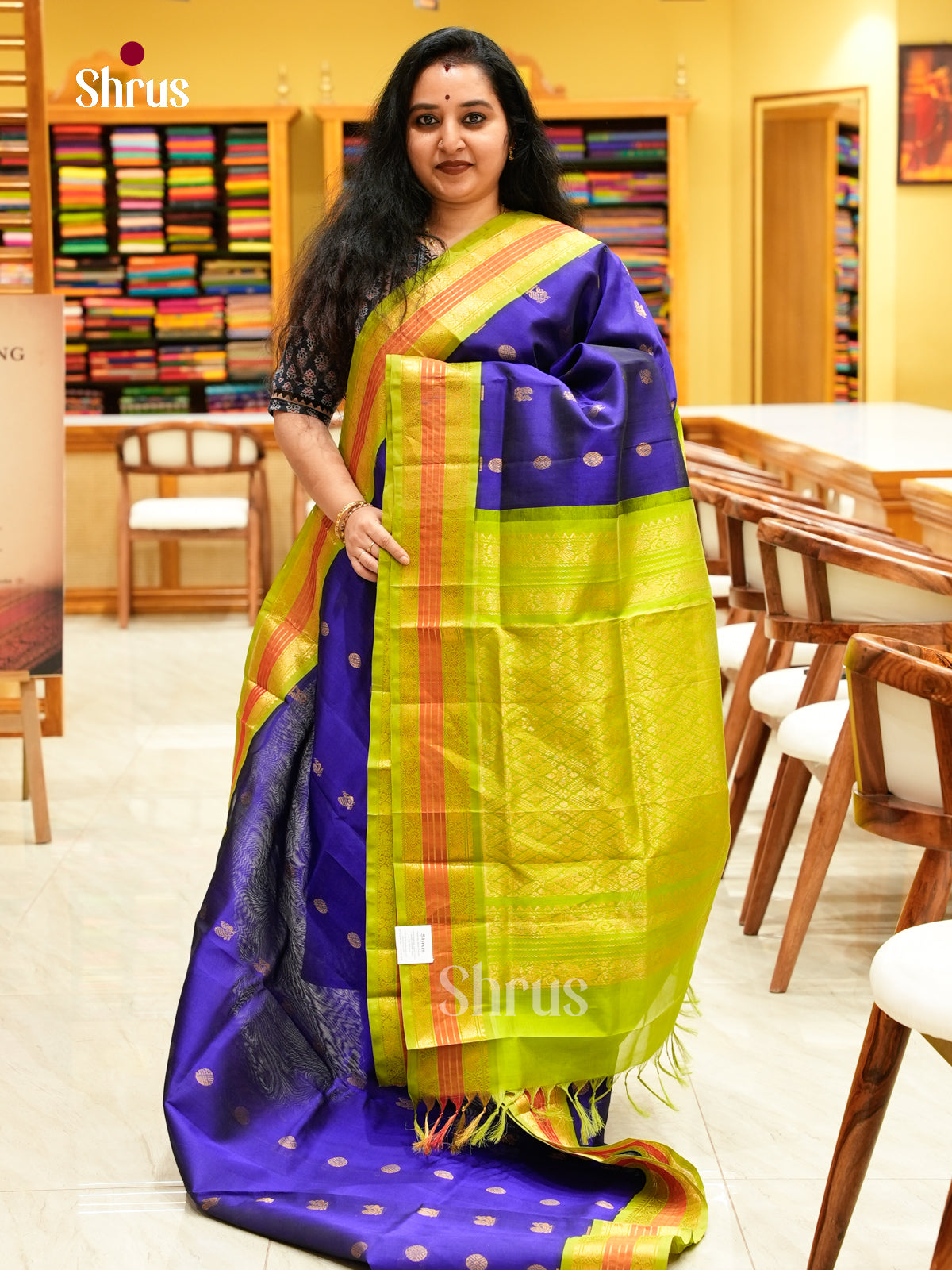 Royal Blue Silk Cotton Saree with Peacock Buttas | Olive Green Contrast Border