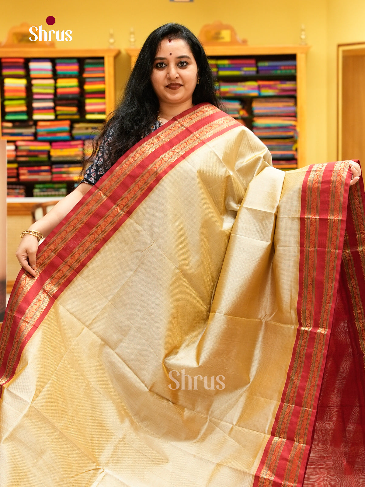 Sandal Silk Cotton Saree with Lines and Vaira Oosi | Dark Red Contrast Border
