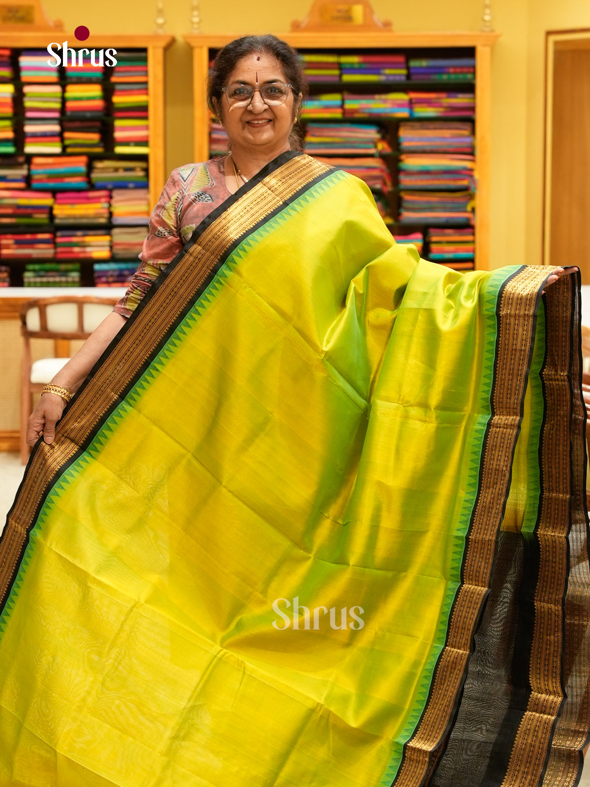 Lime Green Silk Cotton Saree | Black Contrast Border