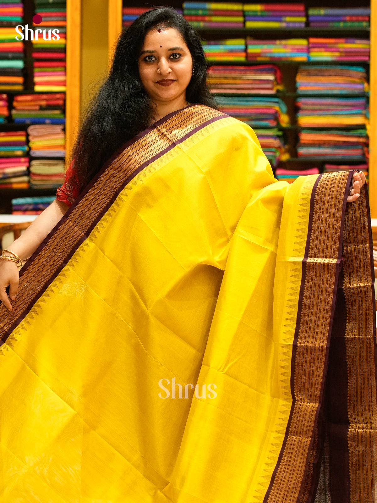 YELLOW Silk Cotton Saree | Brown Contrast Border - Shop on Shrus.com