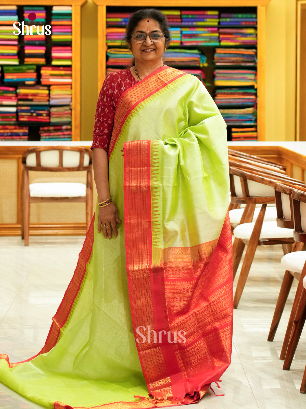 Pista Green Silk Cotton Saree | Red Contrast Border
