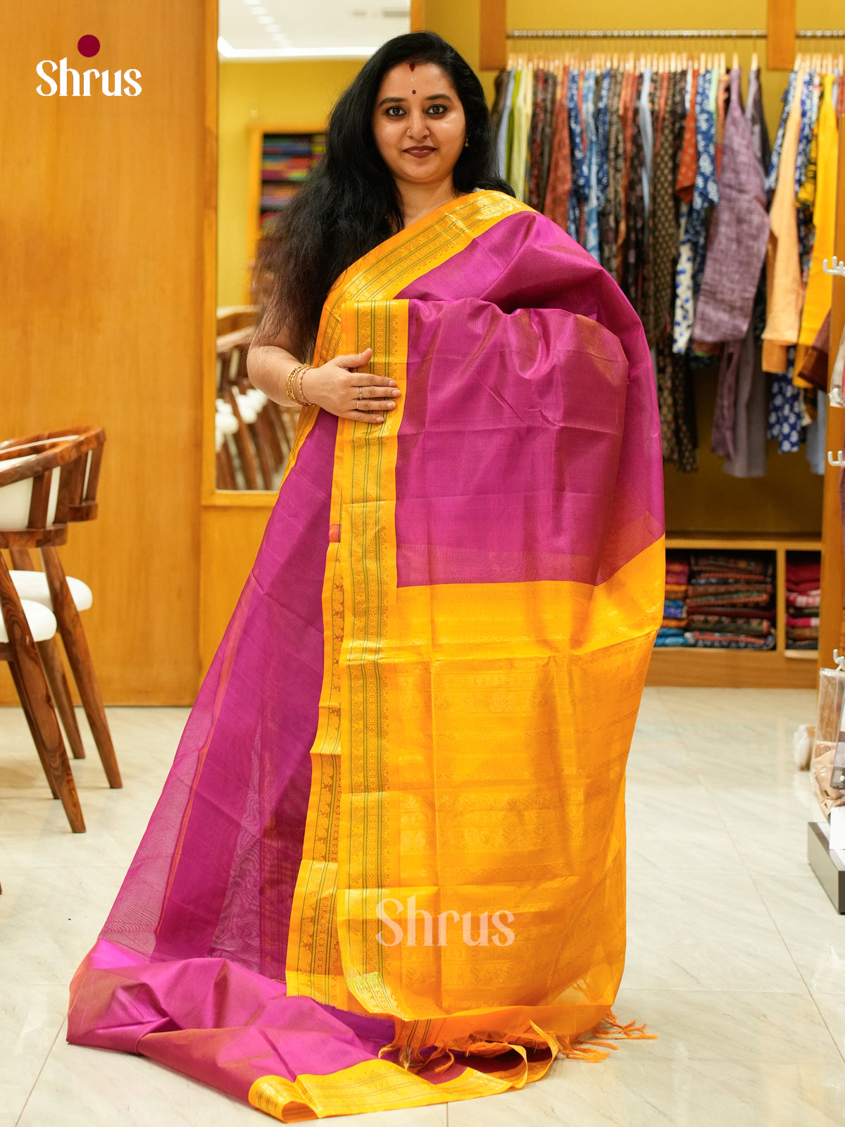 Rani Pink Silk Cotton Saree with Lines and Vaira Oosi | Mustard Contrast Border