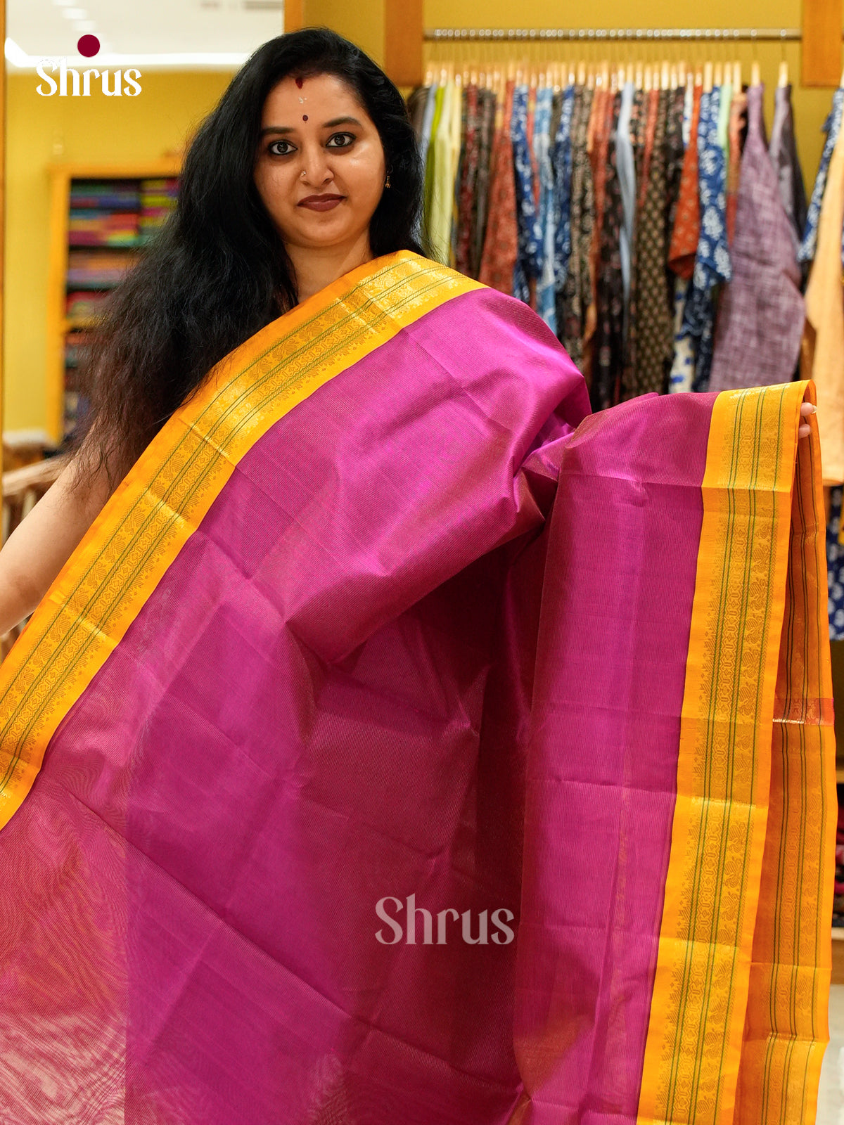 Rani Pink Silk Cotton Saree with Lines and Vaira Oosi | Mustard Contrast Border