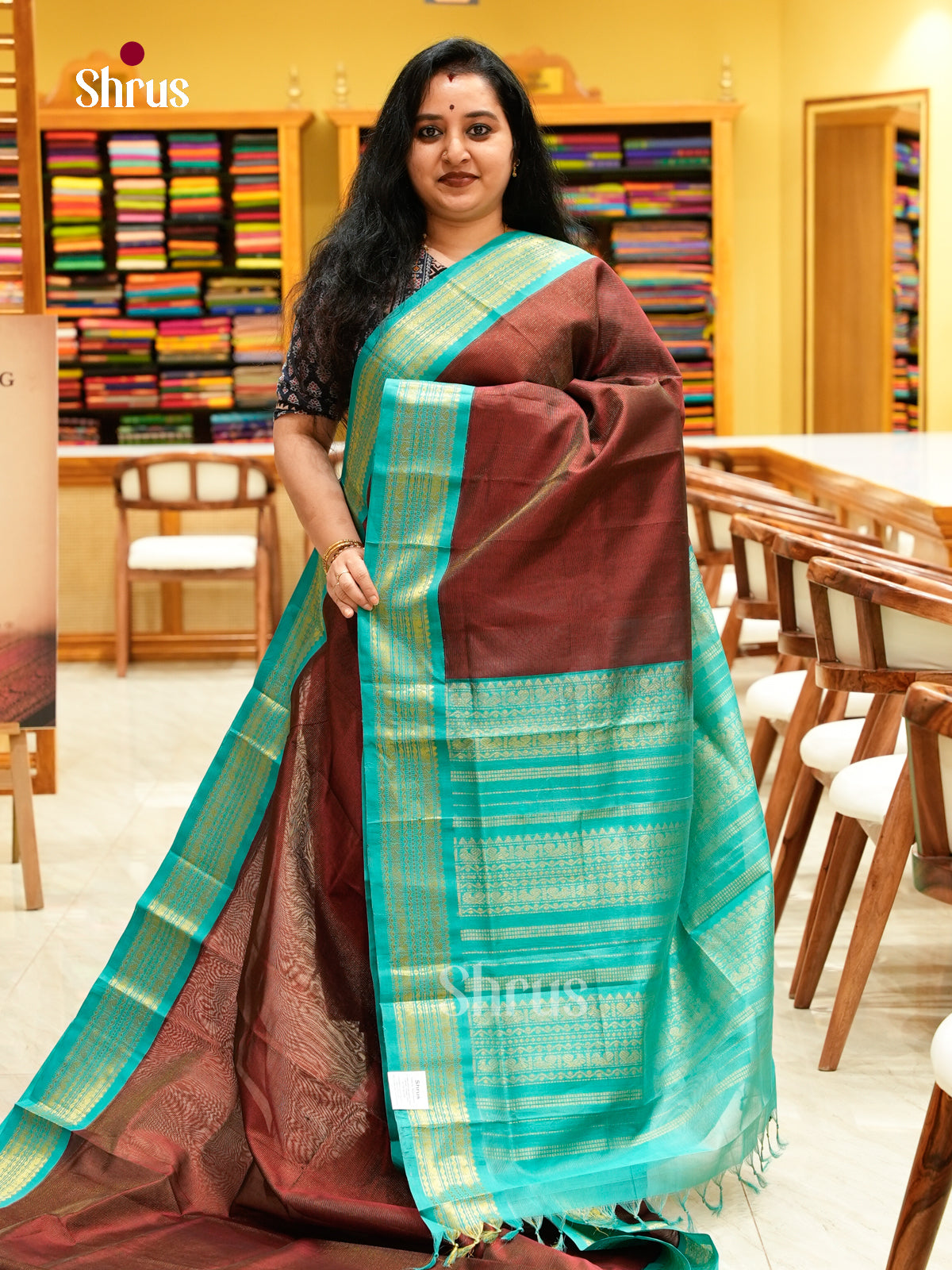 Dark Maroon Silk Cotton Saree with Lines and Vaira Oosi | Teal Green Contrast Border